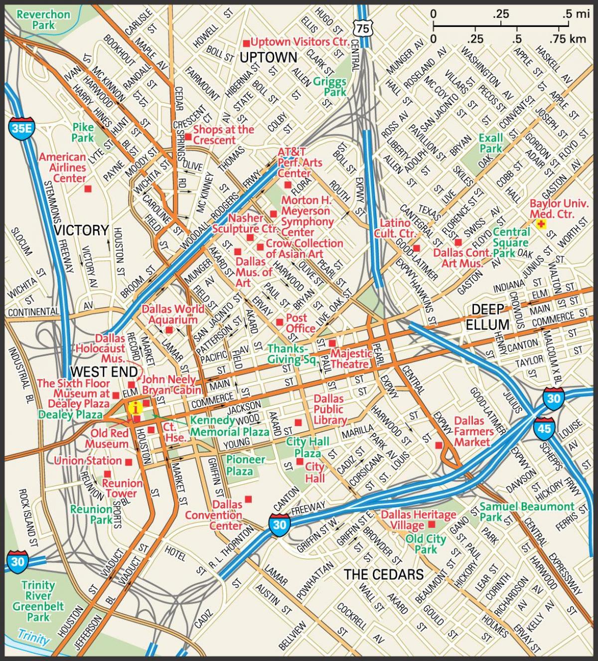 kart over downtown Dallas gatene
